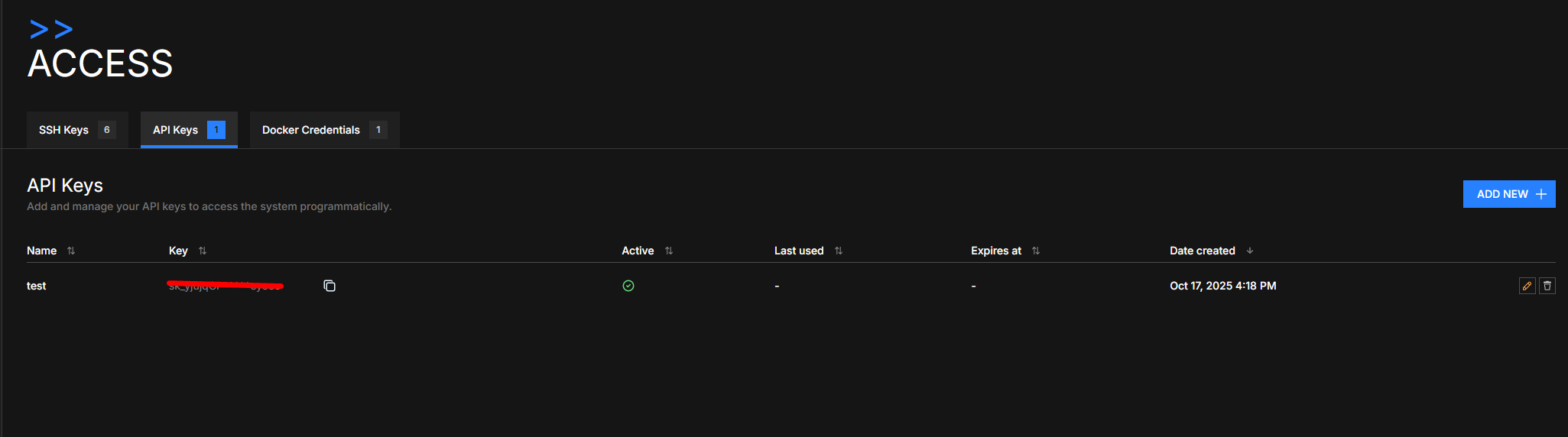 Access page → API Keys tab