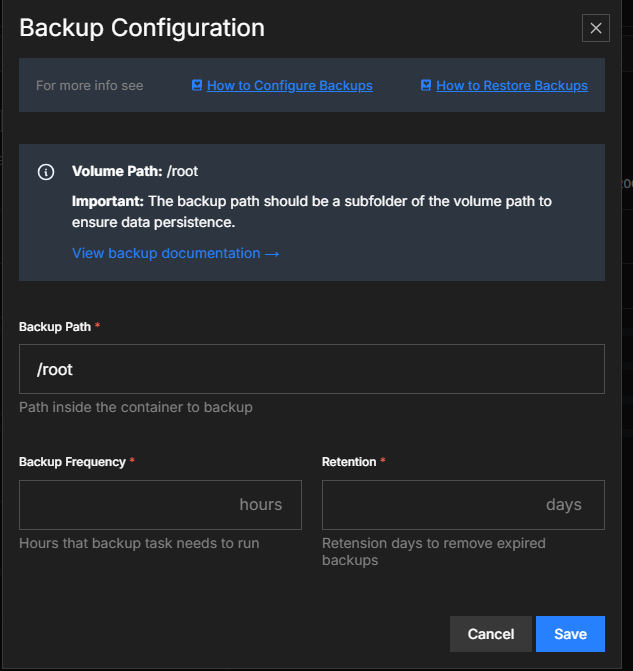 Backup Configuration modal on the pod detail page