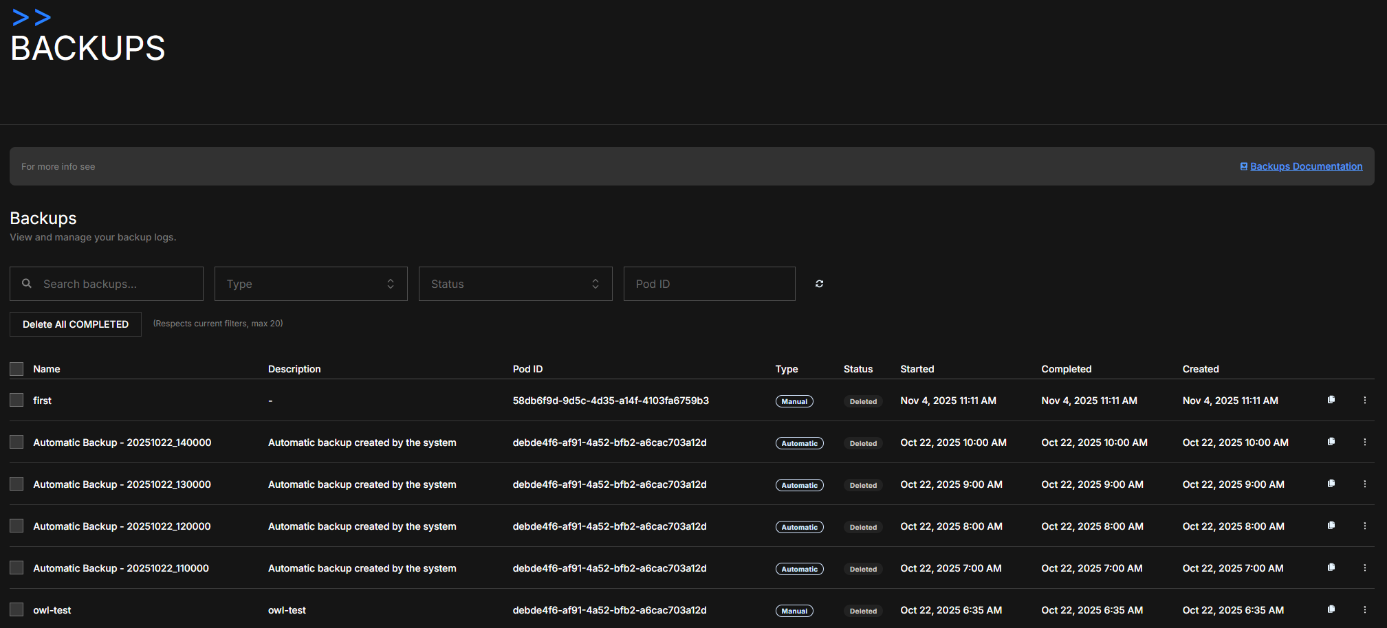 Global Backups page with filters and history