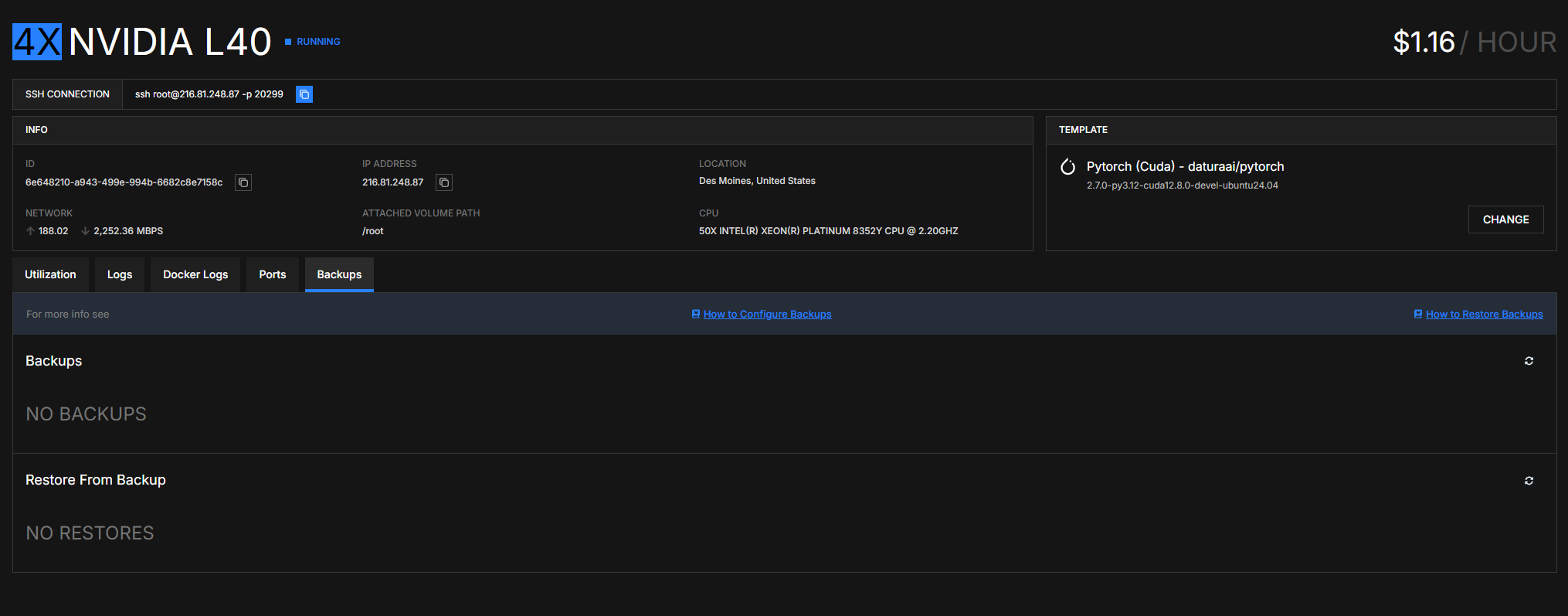Pod detail Backups tab showing restore section