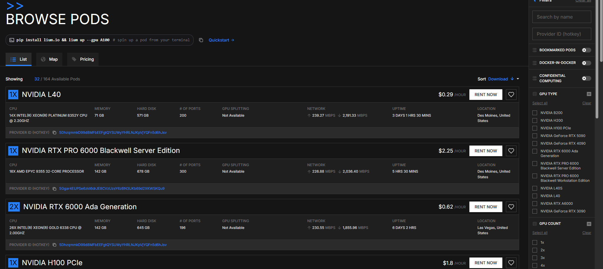 Browse Pods list with filters
