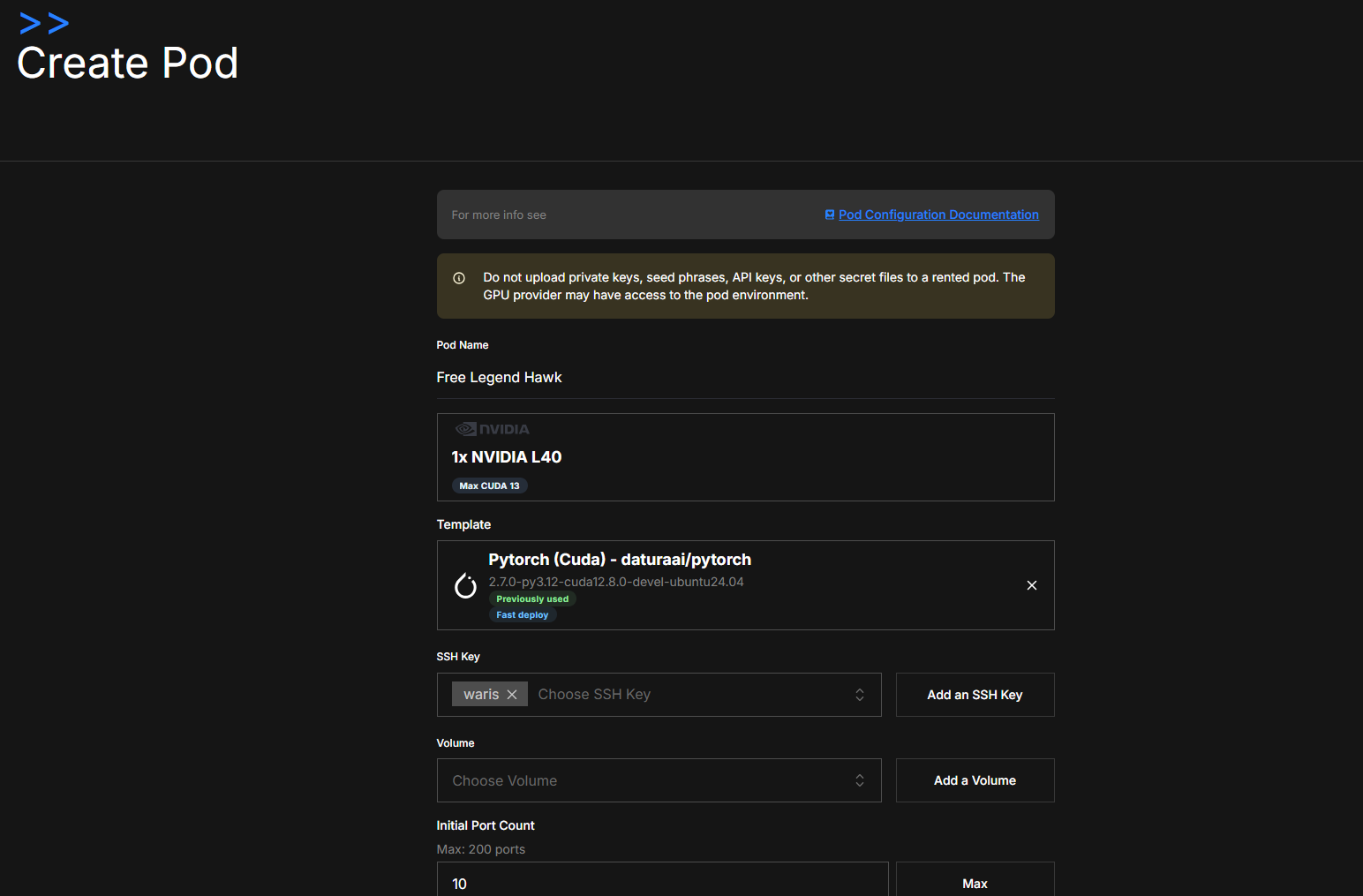 Create Pod page with summary panel on the right