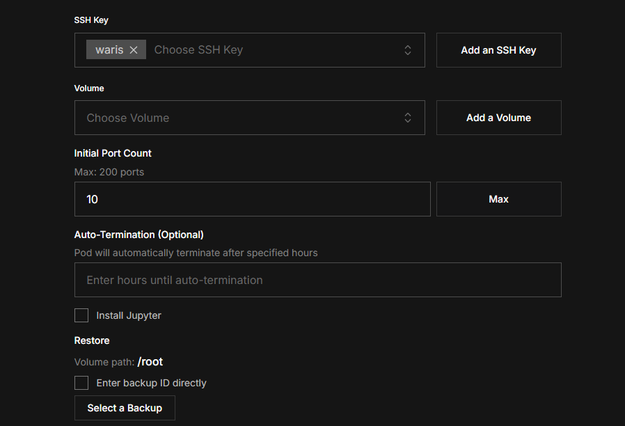 Restore section on the Create Pod page