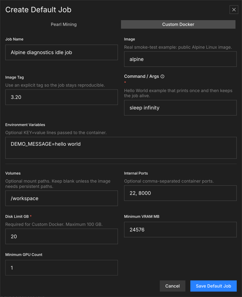 Custom Docker Default Job modal
