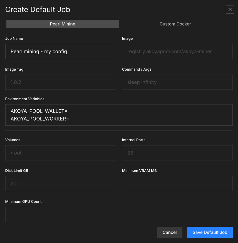 Pearl Mining Default Job modal