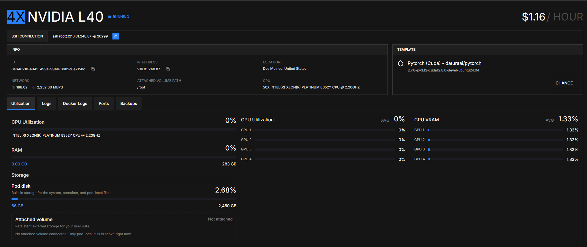 Pod detail page with SSH connection string