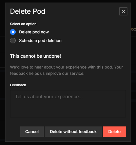 Schedule deletion menu on the pod detail page