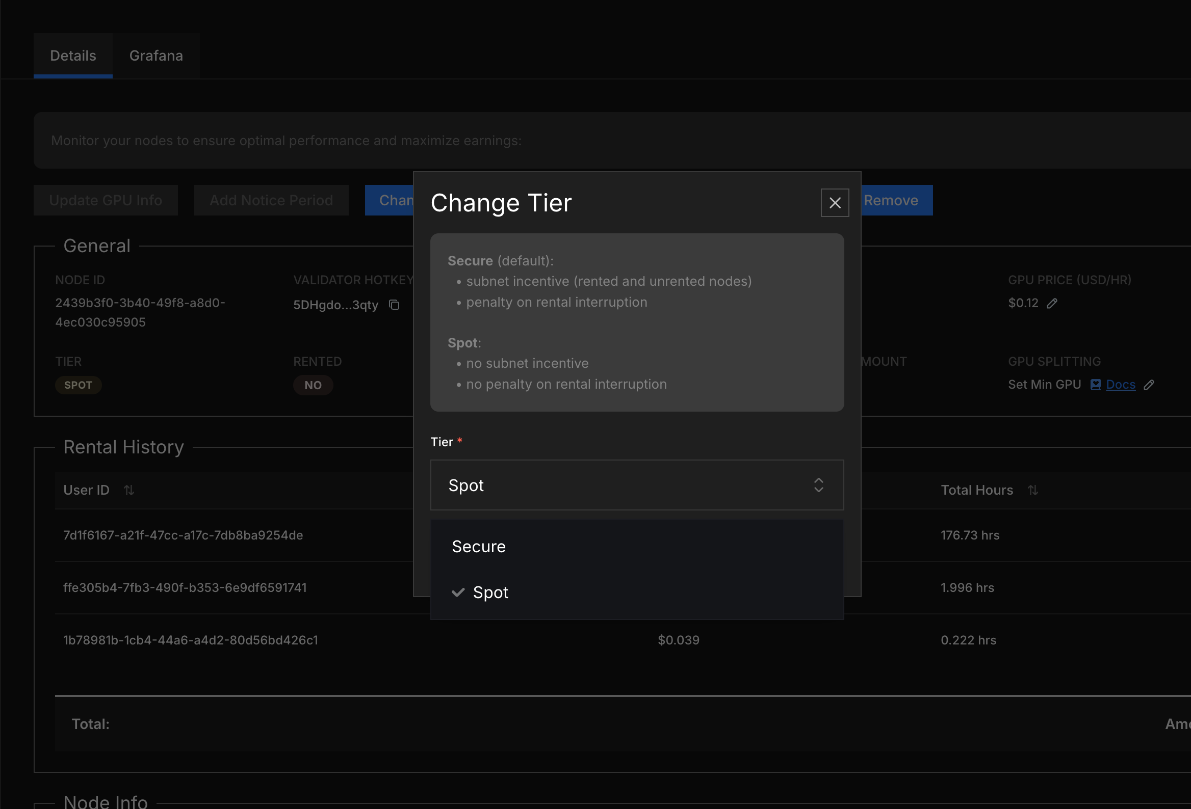 Change Tier modal