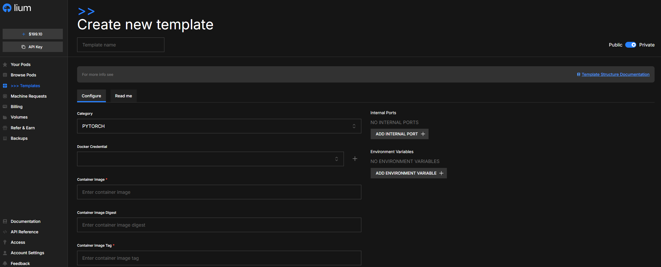Create new template form: Configure tab fields
